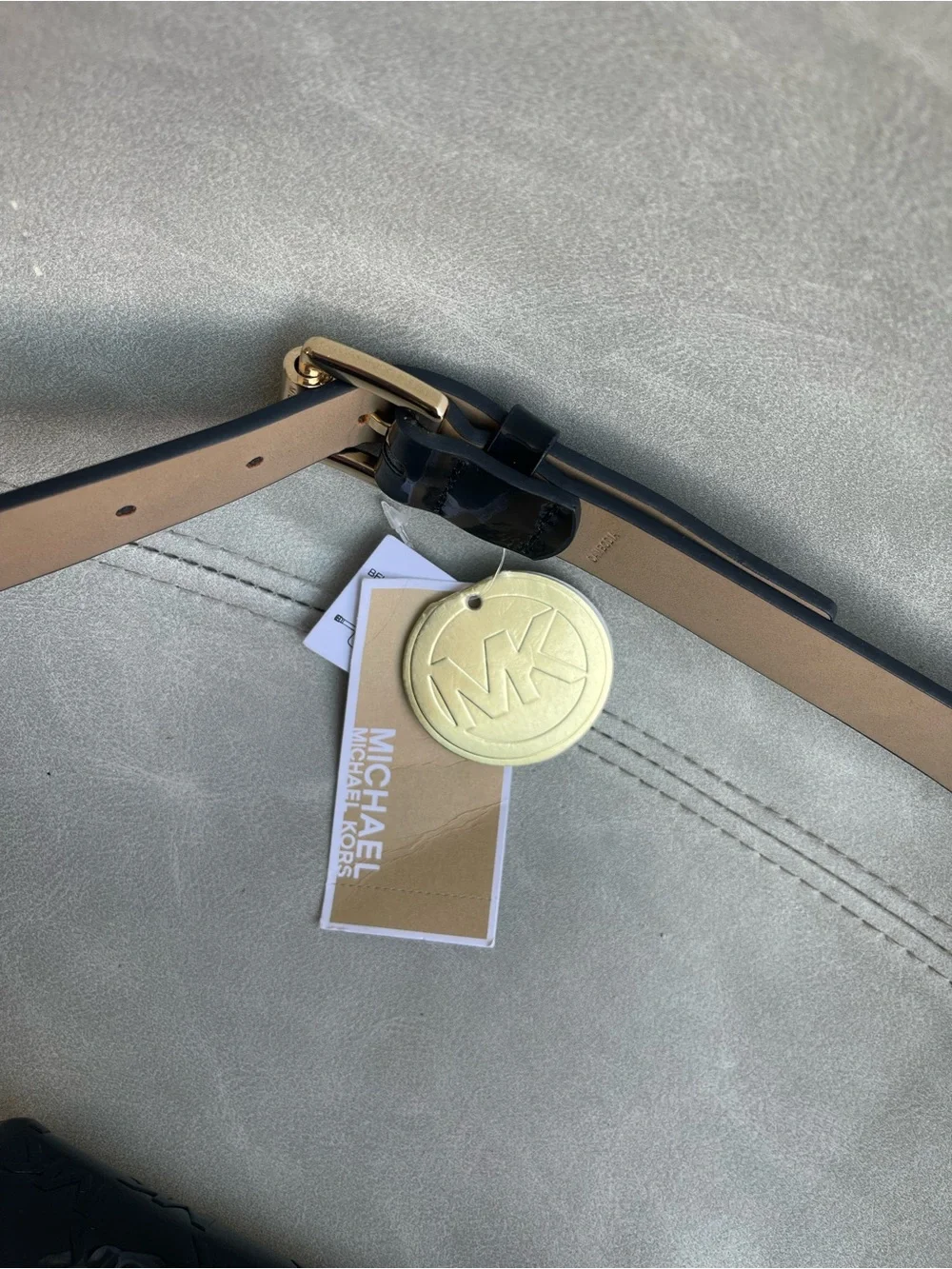 Michael Kors Black Patent MK Logo Belt Bag with Gold Plaque